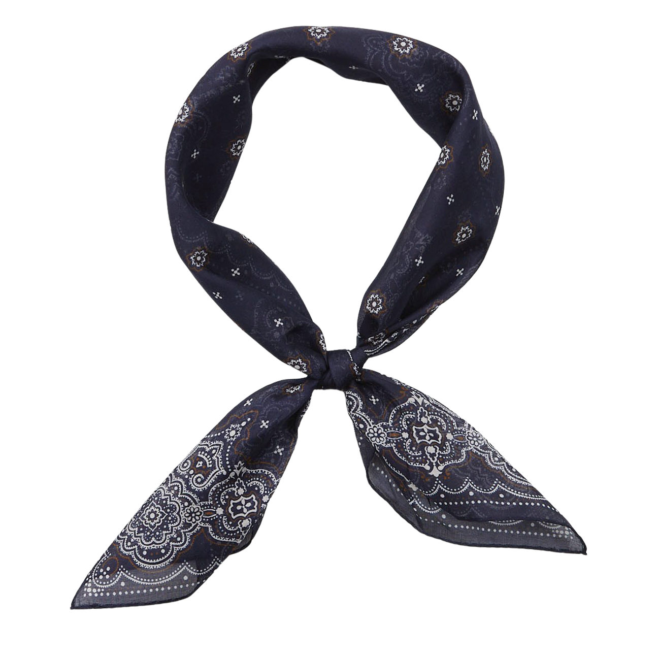 Navy Blue Medallion Printed Cotton Bandana, by Amanda Christensen, tied in a knot.