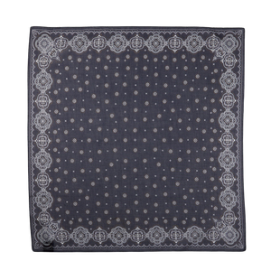 A Navy Blue Medallion Printed Cotton Bandana with a white paisley pattern and a border design by Amanda Christensen.