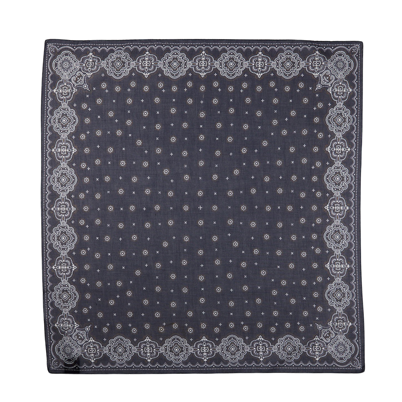 A Navy Blue Medallion Printed Cotton Bandana with a white paisley pattern and a border design by Amanda Christensen.