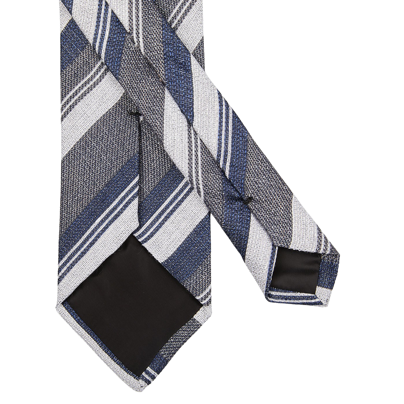 A blue and white striped tie on a white background. Made with pure silk fabric, this classic accessory from Amanda Christensen, the "Blue Grey Striped Silk Lined Tie" by Amanda Christensen, offers a refined touch to any outfit.