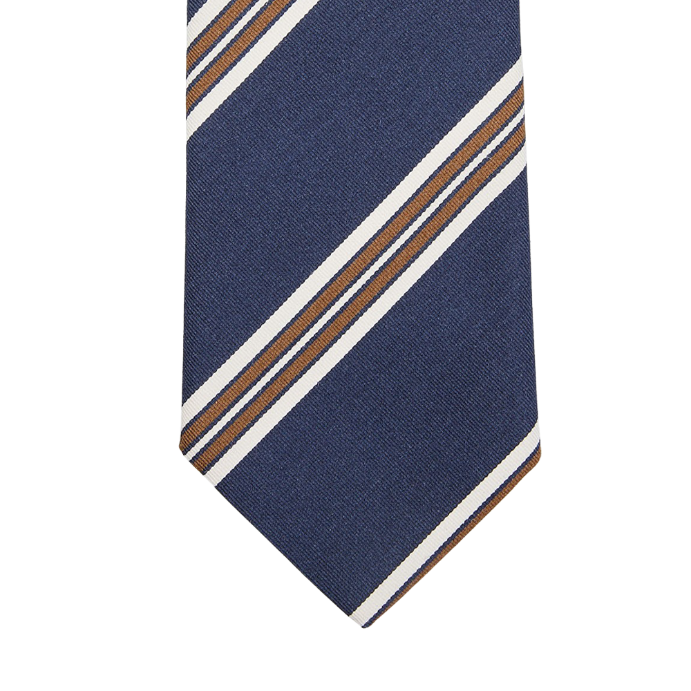 An Amanda Christensen Dark Blue Striped Silk Cotton Lined Tie on a white background.