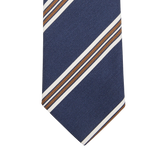 An Amanda Christensen Dark Blue Striped Silk Cotton Lined Tie on a white background.