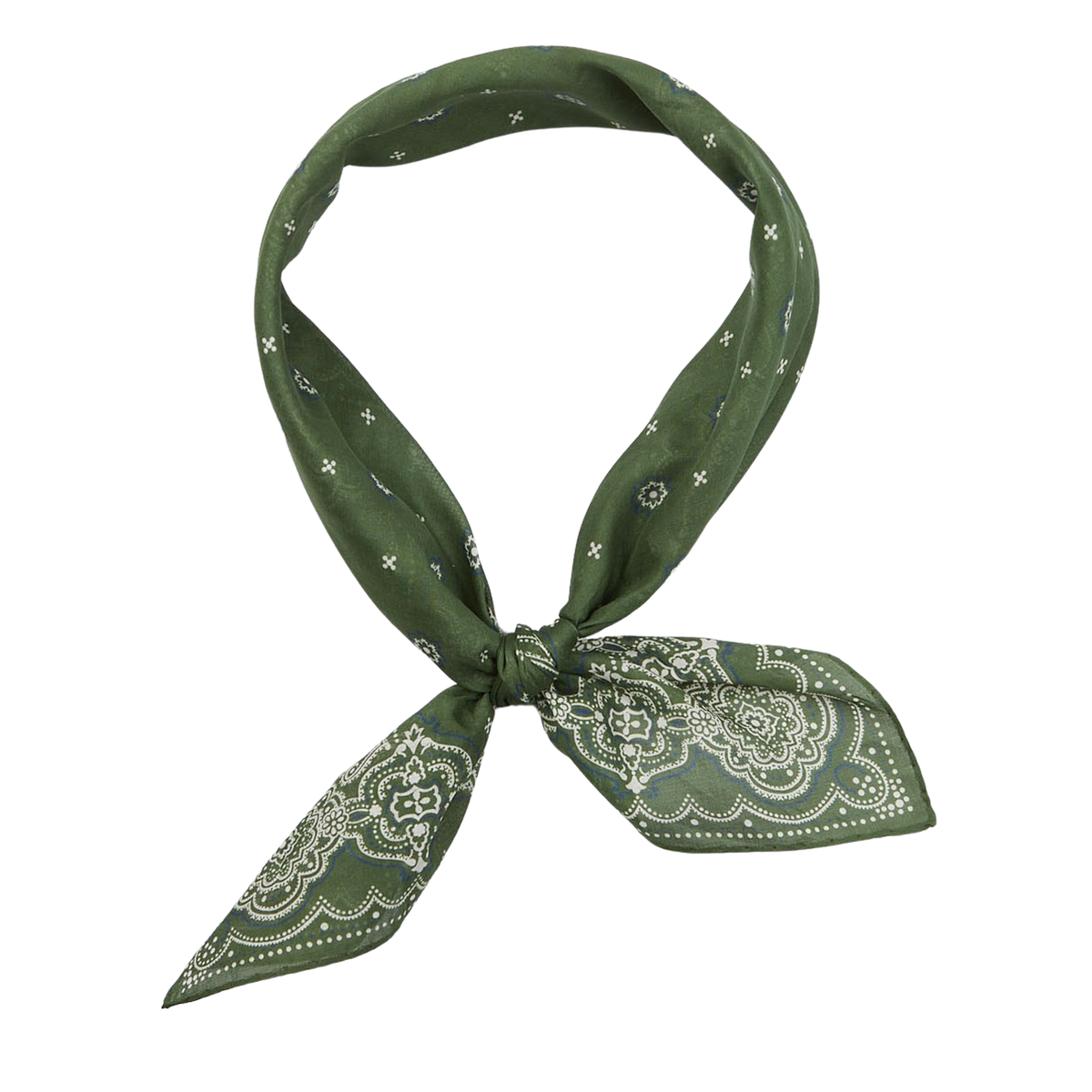 Amanda Christensen Olive Green Medallion Printed Cotton Bandana, tied in a knot against a white background.