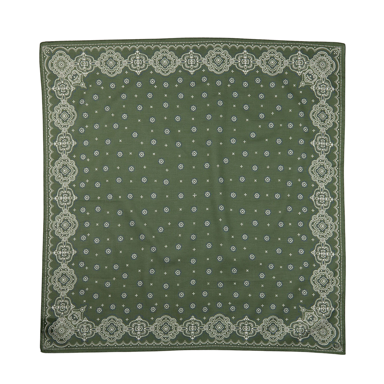 Olive Green Medallion Printed Cotton Bandana with intricate medallion patterns and border by Amanda Christensen.