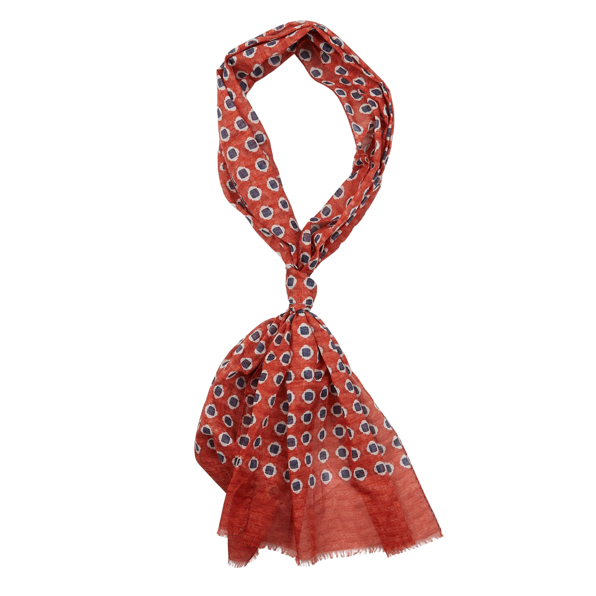 A patterned orange and white Amanda Christensen scarf with fringe on a white background.