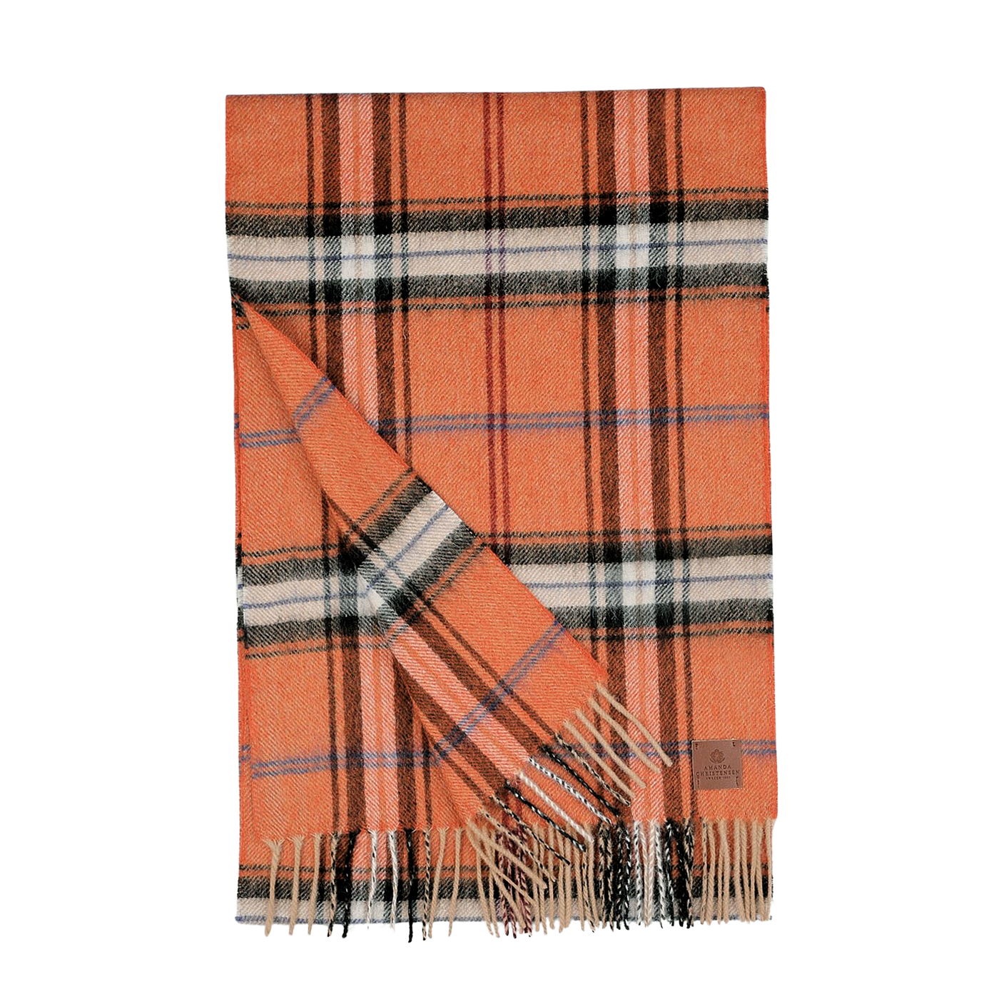 The Orange Checked Virgin Wool Scarf by Amanda Christensen is an orange and black plaid scarf with fringed ends, crafted from pure virgin wool.