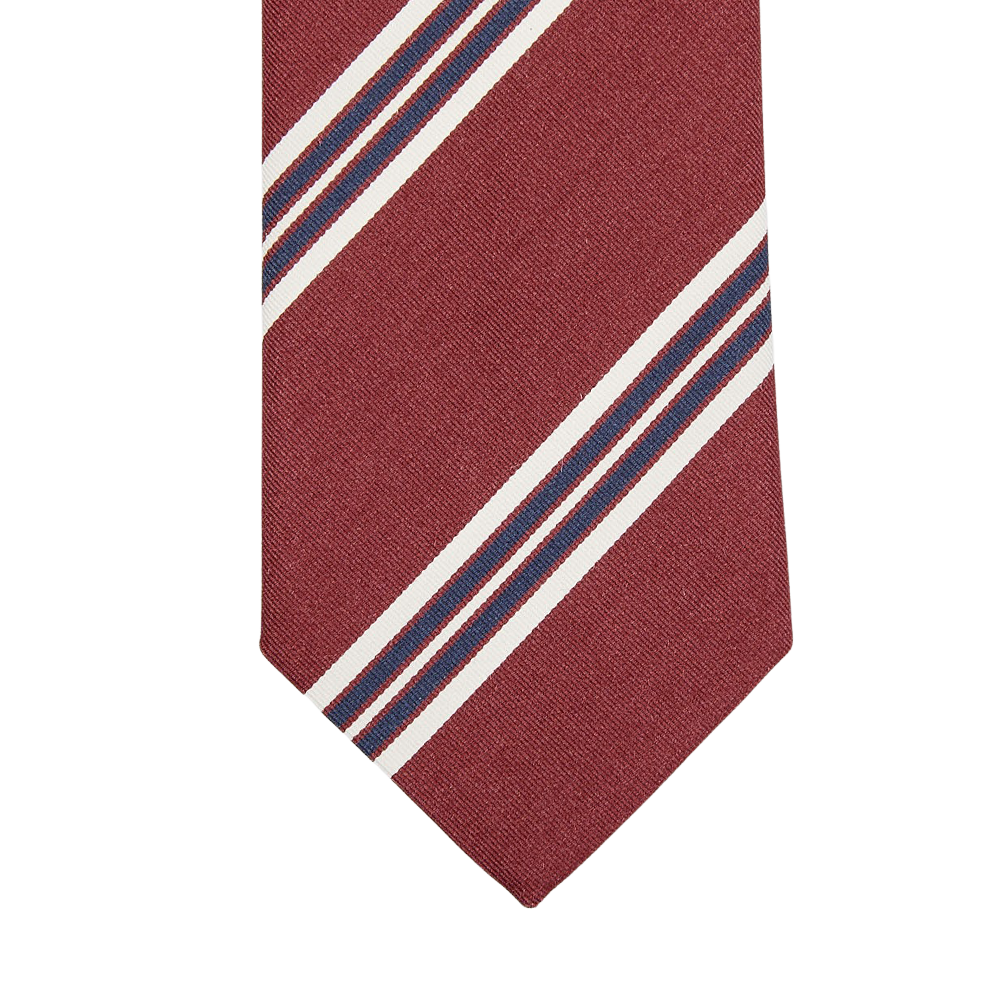 An Amanda Christensen wine-red striped silk cotton lined tie with blue and white stripes.