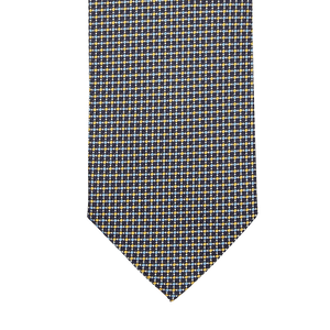 An Amanda Christensen Dark Blue Yellow Dot Silk Lined Tie with dark blue and yellow squares on a white background.