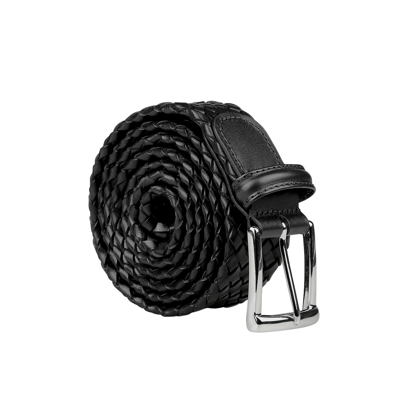 Anderson's Black Braided Leather 35mm Belt with a silver buckle, highlighting Italian craftsmanship, displayed on a gray background.