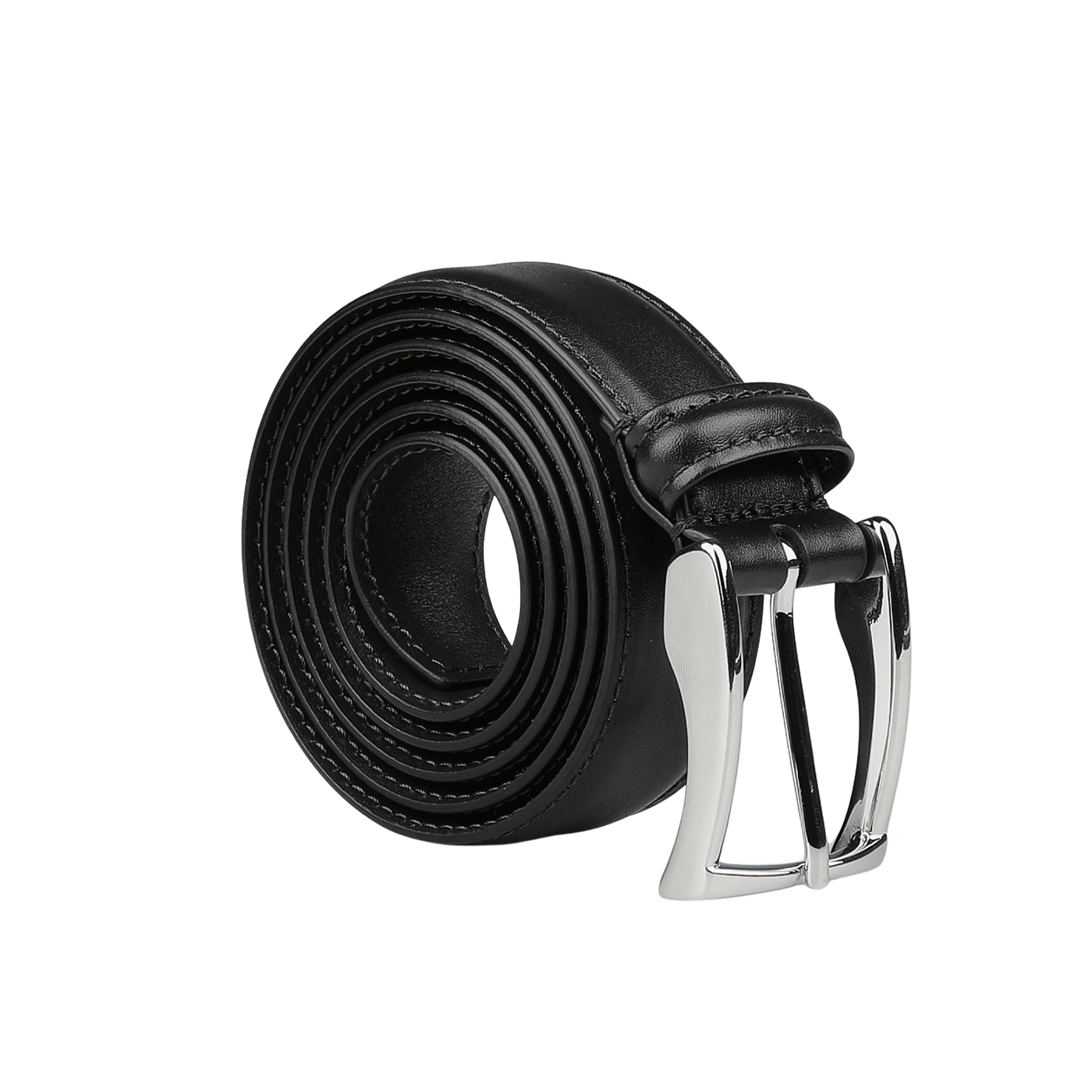 The Black Calf Leather 30mm Belt by Anderson's, adorned with a sleek silver buckle, is elegantly coiled on a plain gray surface. Its timeless design and exceptional craftsmanship make this versatile belt an ideal addition to any ensemble.