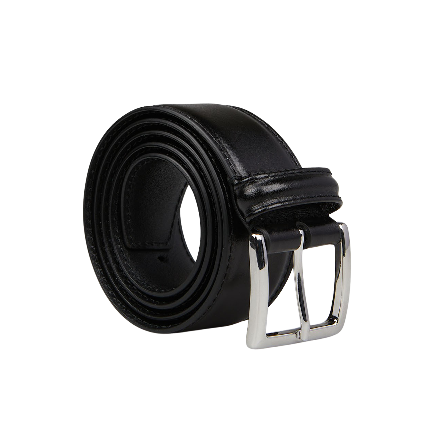 The Anderson's Black Calf Leather 35mm Belt, made of black calf leather with a silver rectangular buckle, is coiled neatly.