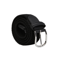 A coiled Anderson's Black Elastic Woven 30mm Belt with a silver-coloured brass buckle, resting on a plain white background.