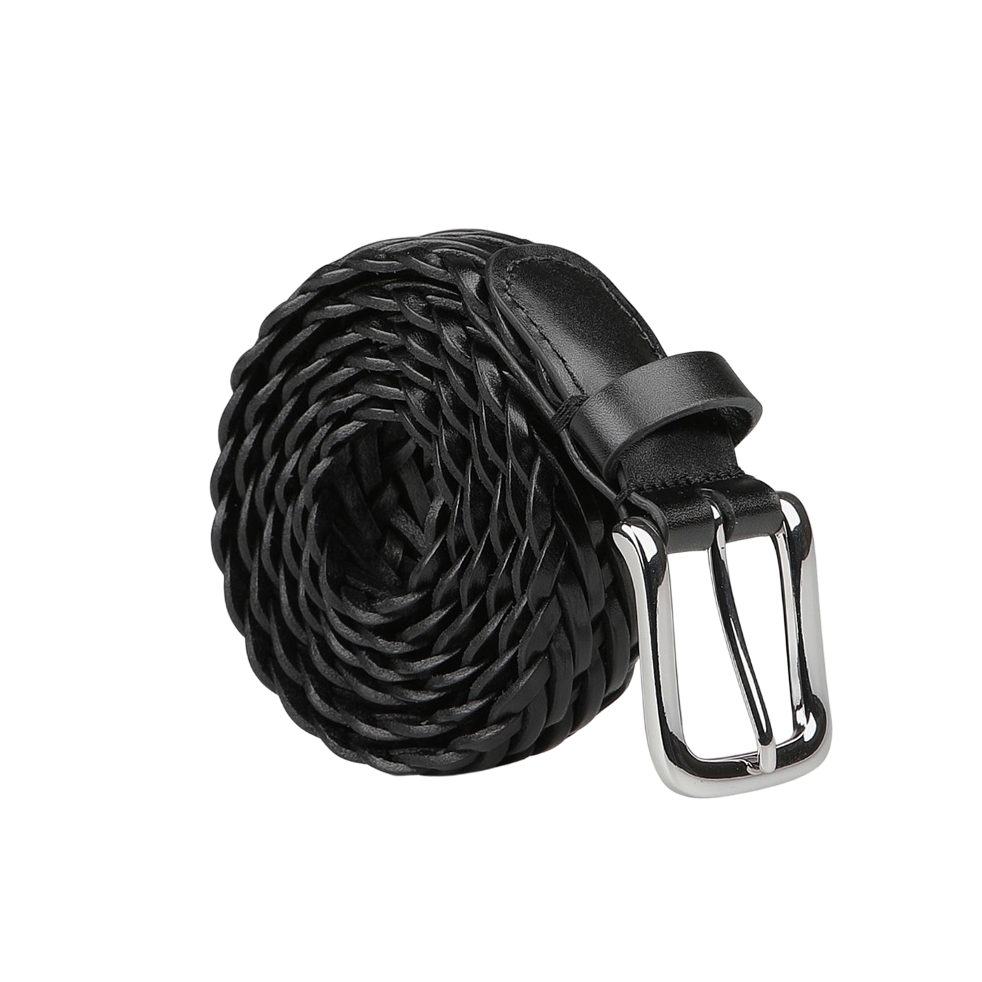 A meticulously crafted Black Fine Braided Leather 30mm Belt from Anderson's, featuring a silver metal buckle, rests on a gray background, highlighting the exquisite craftsmanship reflective of Parma, Italy.