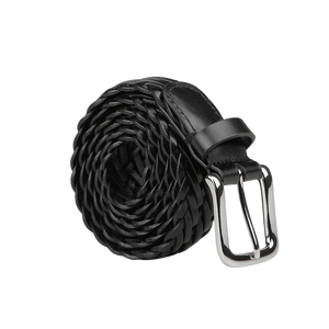 A meticulously crafted Black Fine Braided Leather 30mm Belt from Anderson's, featuring a silver metal buckle, rests on a gray background, highlighting the exquisite craftsmanship reflective of Parma, Italy.