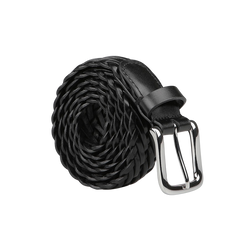 A meticulously crafted Black Fine Braided Leather 30mm Belt from Anderson's, featuring a silver metal buckle, rests on a gray background, highlighting the exquisite craftsmanship reflective of Parma, Italy.