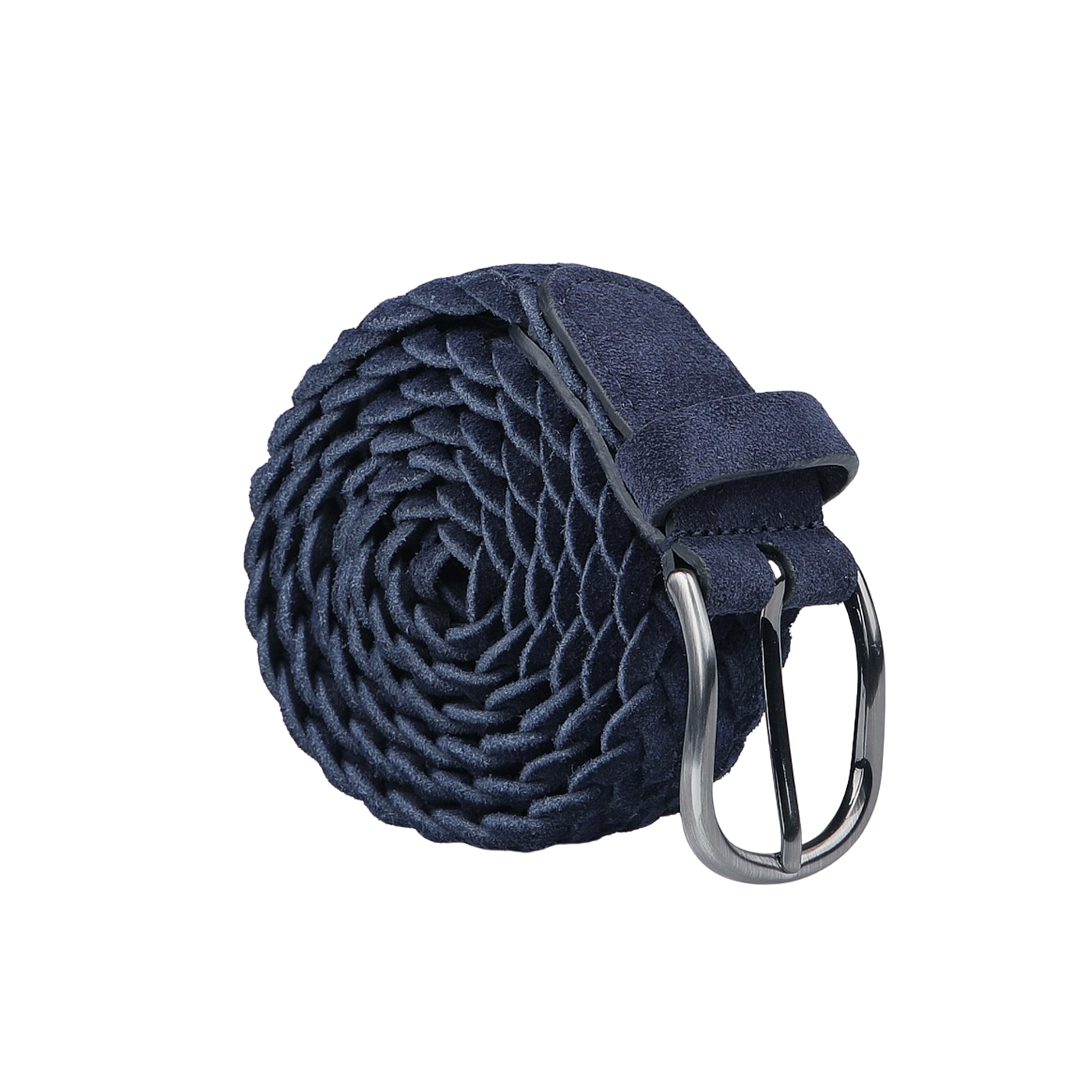 The Blue Braided Suede Leather 35mm Belt by Anderson's, crafted with a coiled design and a silver buckle, is elegantly displayed against a plain backdrop—ideal for casual outfits.