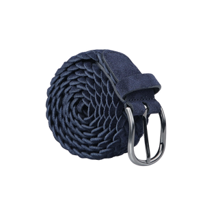 The Blue Braided Suede Leather 35mm Belt by Anderson's, crafted with a coiled design and a silver buckle, is elegantly displayed against a plain backdrop—ideal for casual outfits.