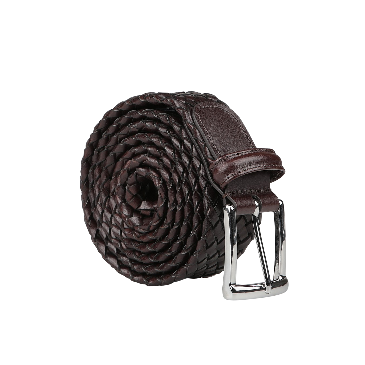 The Brown Braided Leather 35mm Belt by Anderson's, featuring a coiled dark brown leather design with a silver buckle, lies elegantly on a plain background—perfect for casual attire and reminiscent of Parma Italy craftsmanship.