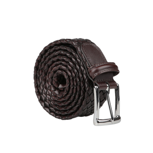 The Brown Braided Leather 35mm Belt by Anderson's, featuring a coiled dark brown leather design with a silver buckle, lies elegantly on a plain background—perfect for casual attire and reminiscent of Parma Italy craftsmanship.