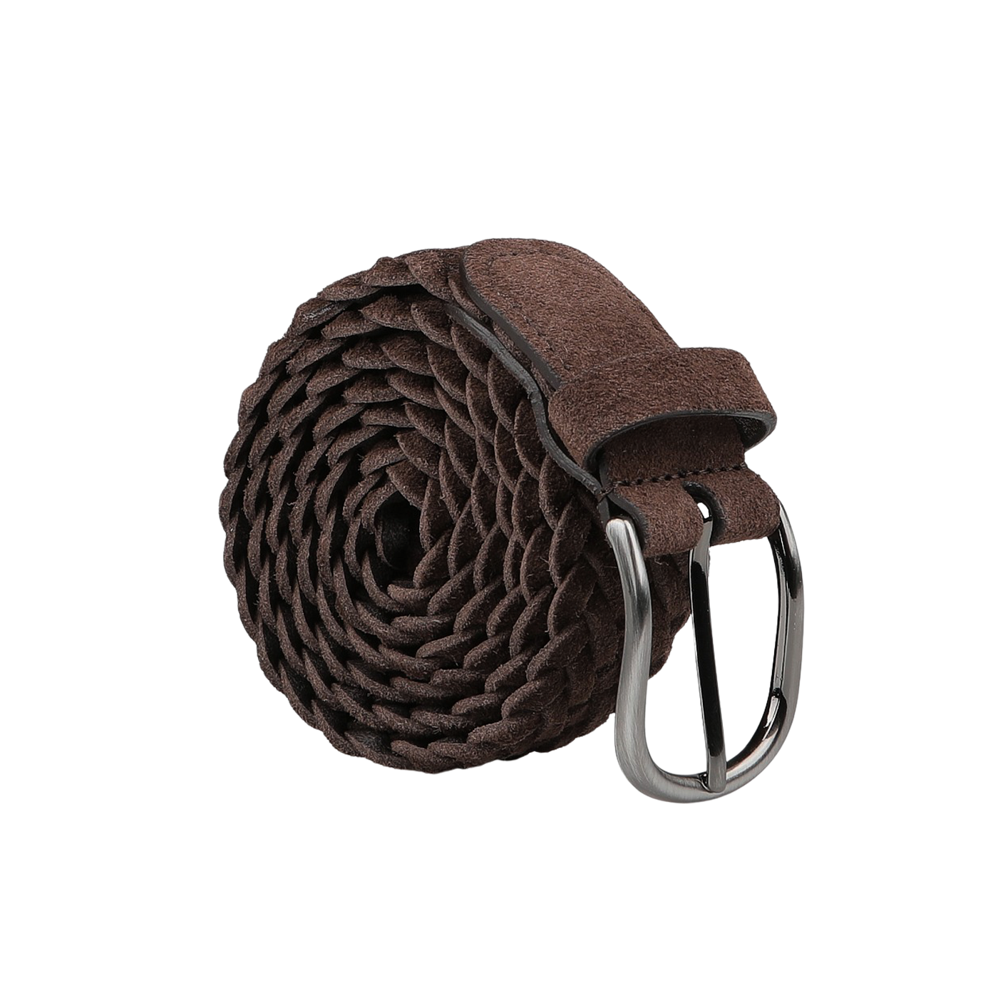 Introducing the Brown Braided Suede Leather 35mm Belt by Anderson's, crafted in Parma, Italy, with a rolled-up design and finished with a silver buckle—ideal for casual wear.