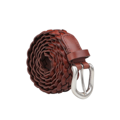 The Brown Woven 25mm Leather Belt, elegantly coiled against a plain gray background, features a silver buckle and is perfect for pairing with casual trousers. Crafted by Anderson's, this sophisticated woven leather accessory enhances any ensemble.