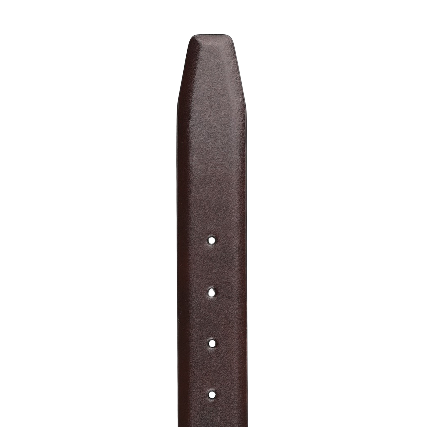 Detailed view of the Anderson's Chocolate Calf Leather 35mm Belt, featuring a pointed end and four holes, ideal for complementing formal trousers.