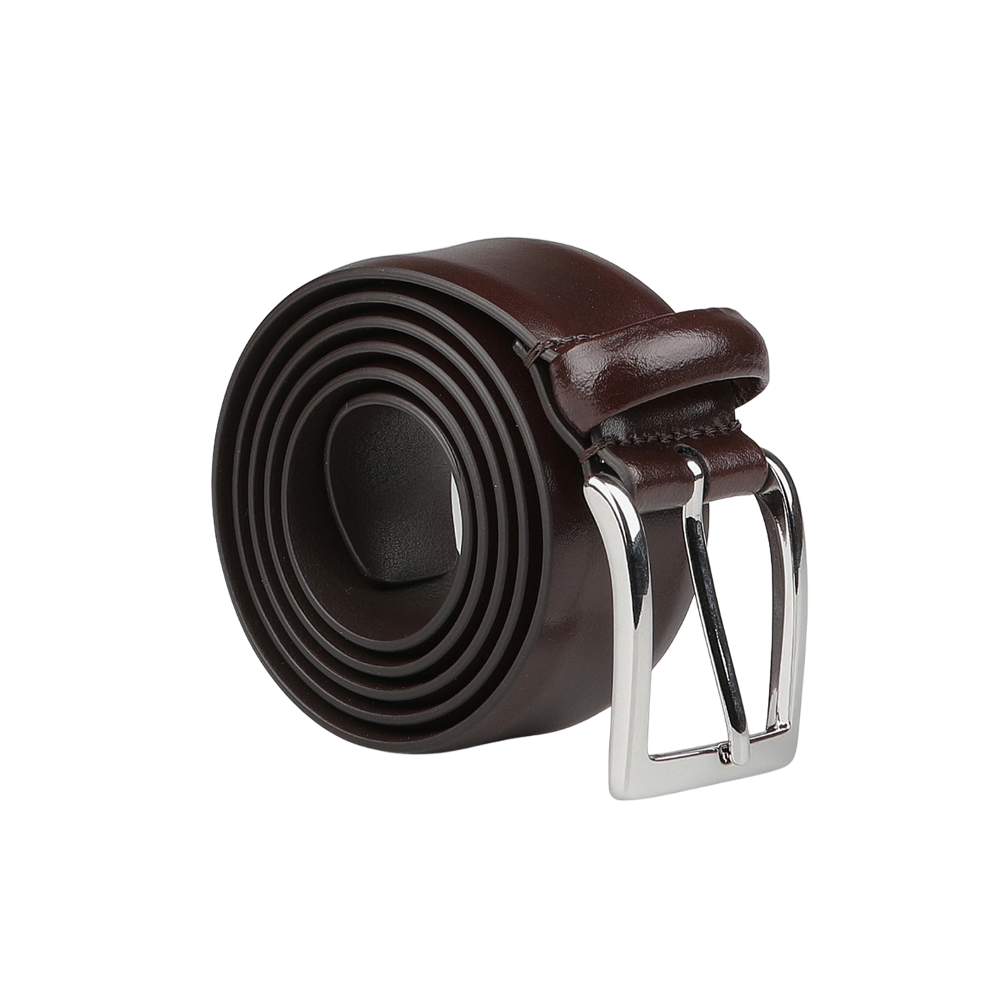 The Chocolate Calf Leather 35mm Belt by Anderson's showcases a quality coiled brown design and a sleek silver buckle, making it the perfect accessory for formal trousers.