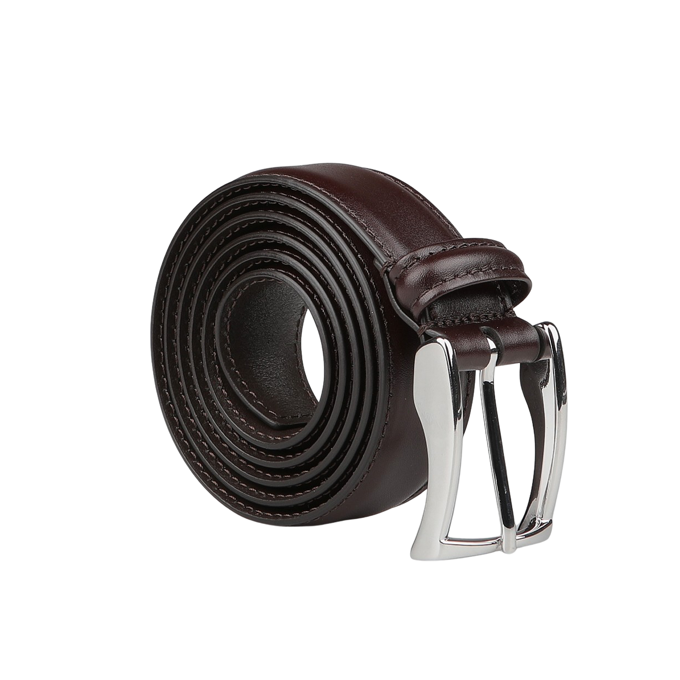 On a plain gray background lies the Anderson's Dark Brown Calf Leather 30mm Belt, featuring side-stitches and a shiny silver buckle.