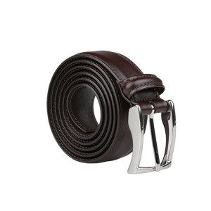 On a plain gray background lies the Anderson's Dark Brown Calf Leather 30mm Belt, featuring side-stitches and a shiny silver buckle.