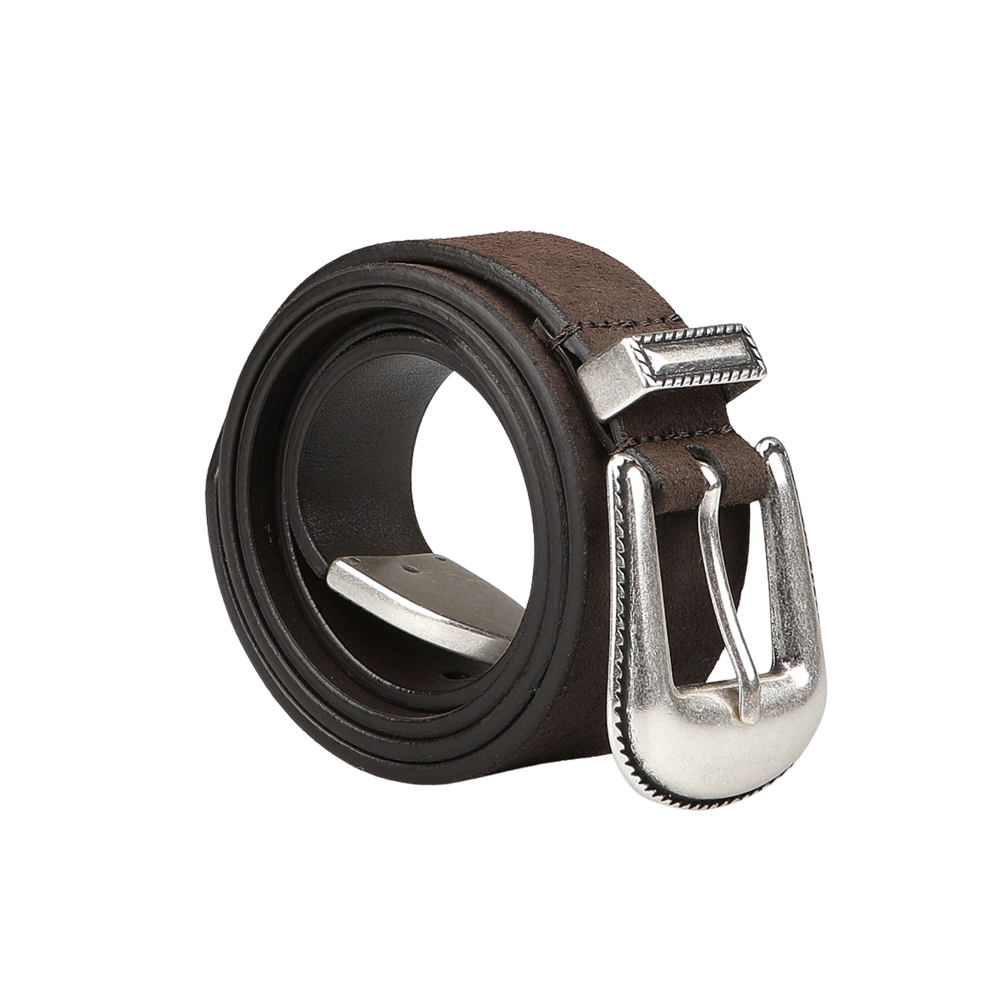 The Dark Brown Calf Leather 35mm Western Belt by Anderson's, featuring a silver buckle, is an ideal choice for achieving a casual look.