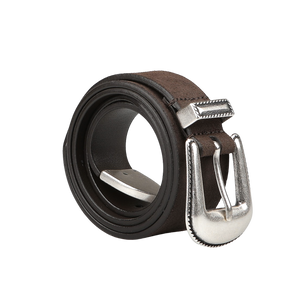 The Dark Brown Calf Leather 35mm Western Belt by Anderson's, featuring a silver buckle, is an ideal choice for achieving a casual look.