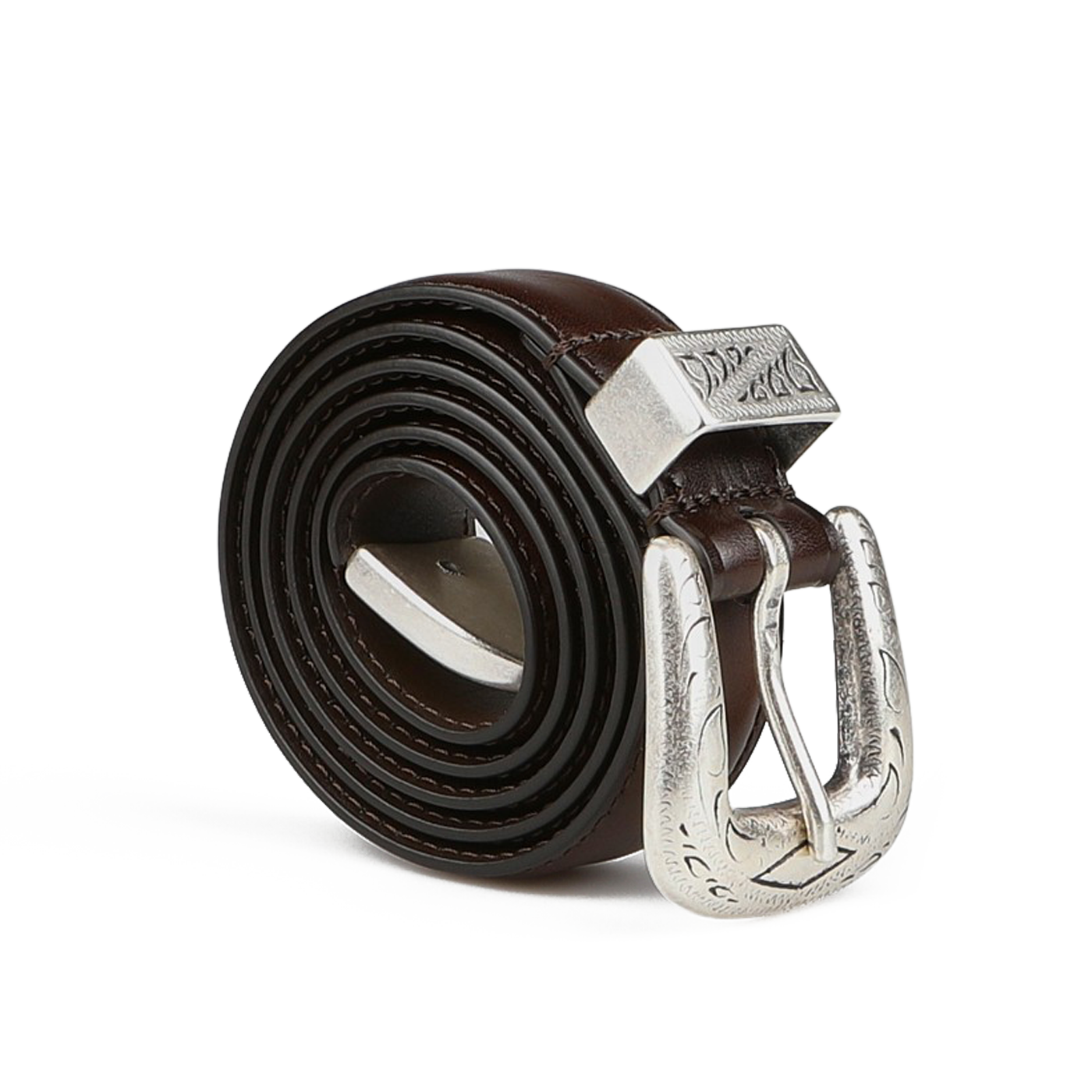 Anderson's Dark Brown Calf Leather 25mm Engraved Western Belt features a decorative silver buckle, perfect for a casual look.