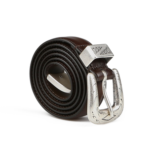 Anderson's Dark Brown Calf Leather 25mm Engraved Western Belt features a decorative silver buckle, perfect for a casual look.