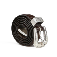 Anderson's Dark Brown Calf Leather 25mm Engraved Western Belt features a decorative silver buckle, perfect for a casual look.