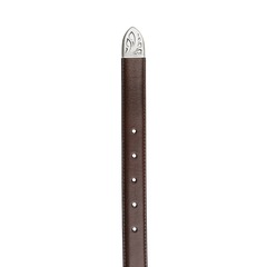 Anderson's Dark Brown Calf Leather 25mm Engraved Western Belt features a series of holes and a silver buckle with a decorative leaf motif, ideal for a casual look.