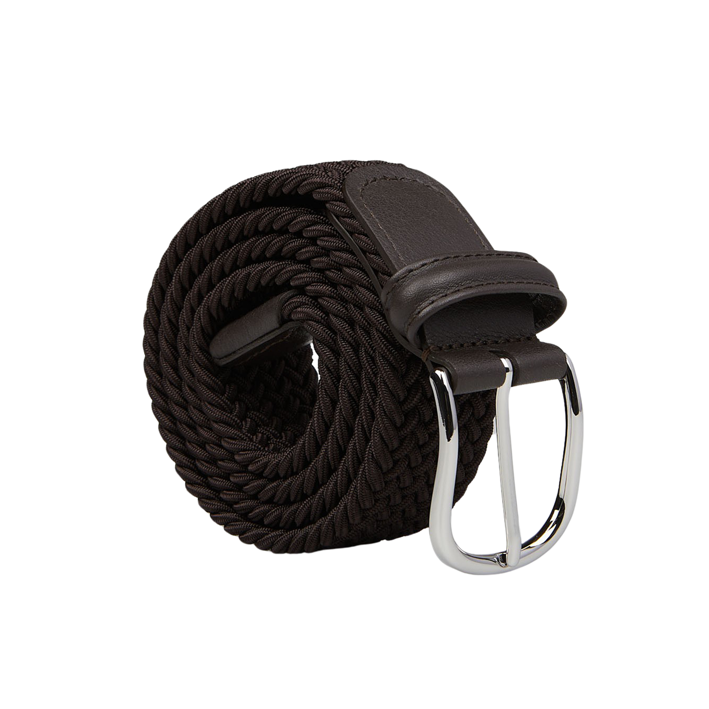 A Dark Brown Elastic Woven 35mm Belt with a silver buckle, handmade in Italy by Anderson's, set against a gray background.