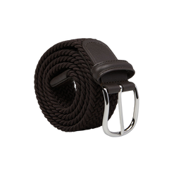 A Dark Brown Elastic Woven 35mm Belt with a silver buckle, handmade in Italy by Anderson's, set against a gray background.