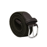 A rolled-up Dark Green Elastic Woven 30mm Belt by Anderson's with brown leather accents and a silver-coloured brass buckle, handmade in Italy.