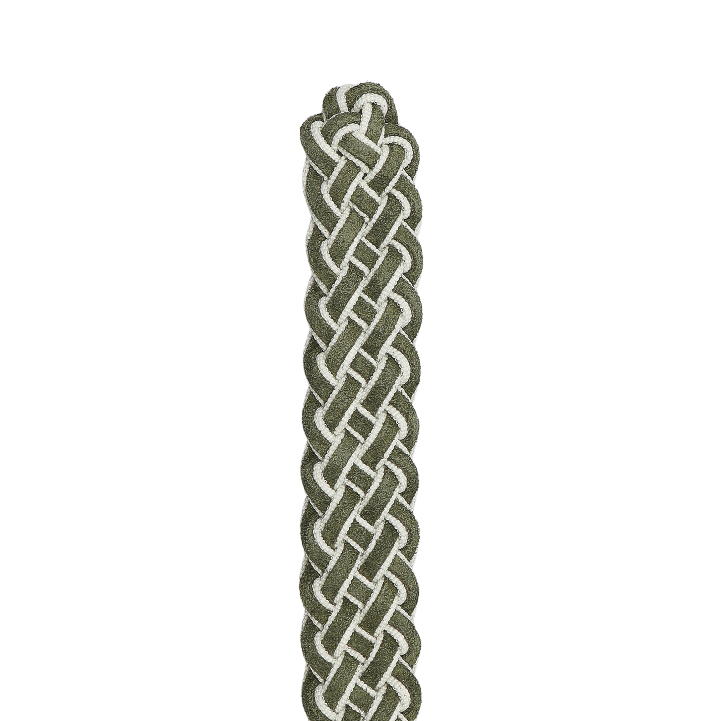 A green suede and cream canvas braided 35mm belt by Anderson's, set against a black background, highlights a contemporary design with elegance and modern flair.