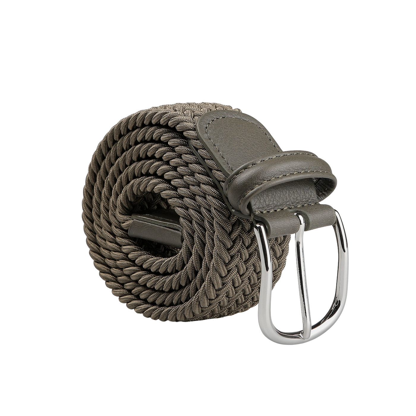 Anderson's Khaki Elastic Woven 30mm Belt, handmade in Parma, features a leather tip and a silver-coloured brass buckle, combining elegance with durability.