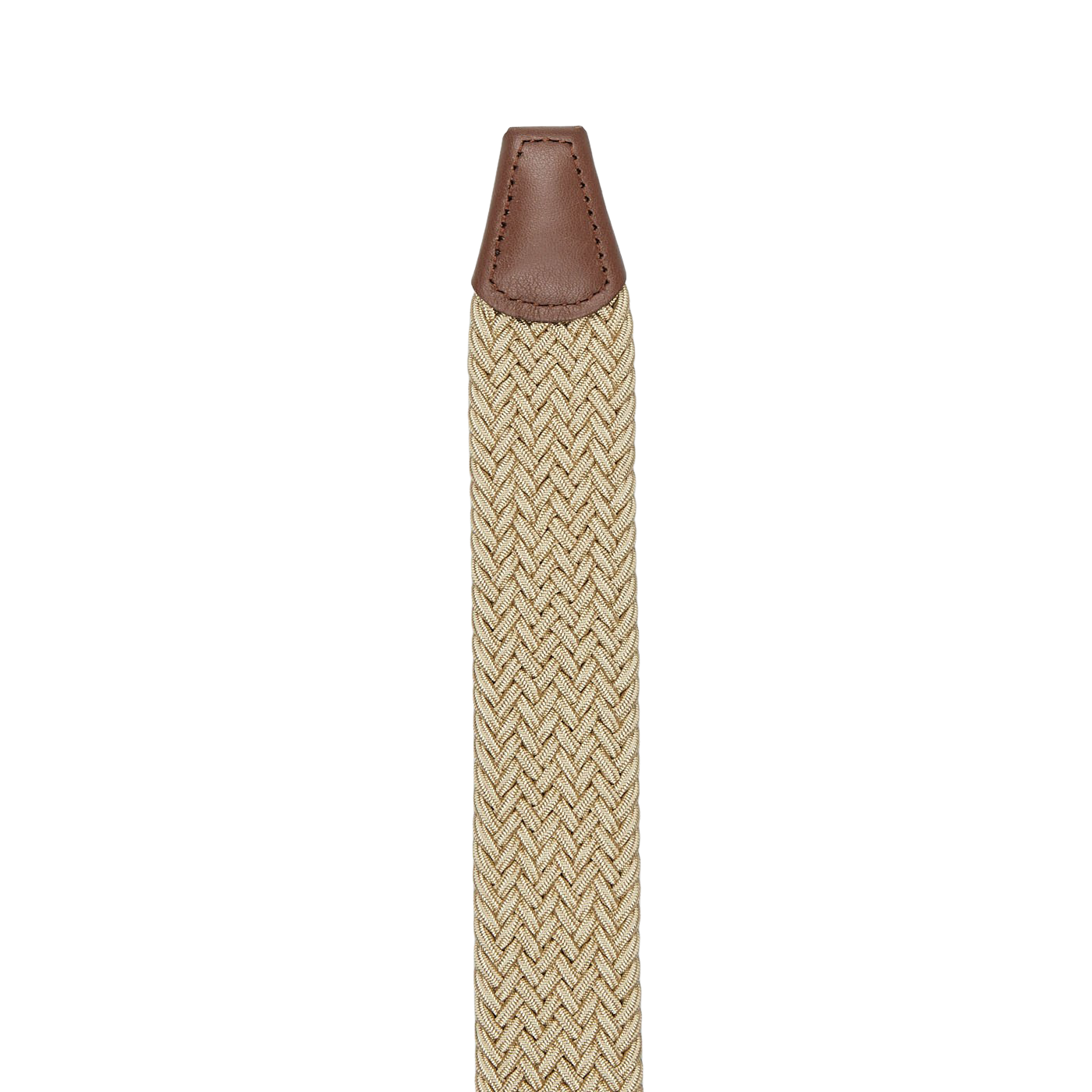 A close-up of a Light Beige Elastic Woven 35mm Belt by Anderson's with a brown leather tip and a silver buckle, handmade in Italy.