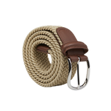 A Light Beige Elastic Woven 35mm Belt with a brown leather tip and a silver buckle, expertly crafted as a handmade in Italy piece by Anderson's.