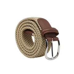 A Light Beige Elastic Woven 35mm Belt with a brown leather tip and a silver buckle, expertly crafted as a handmade in Italy piece by Anderson's.