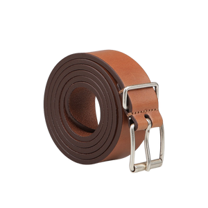 A rolled-up Light Brown Calf Leather 30mm Belt by Anderson's, featuring a lustrous silver buckle.