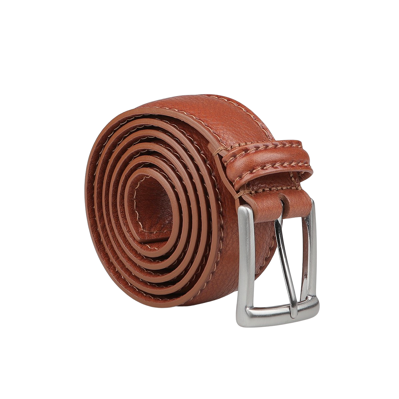 Against a gray background, the Anderson's Light Brown Calf Leather 30mm Belt, made from naturally tanned calf leather and featuring a silver buckle, is displayed in a coiled position.