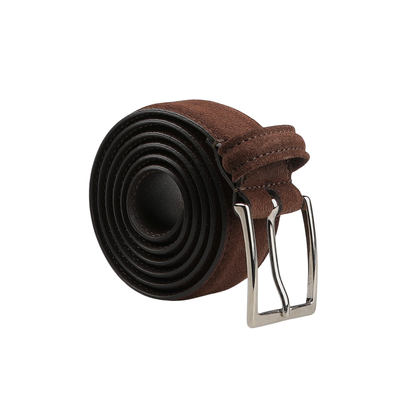 The Anderson's Medium Brown Suede Leather 35mm Belt, showcased horizontally, features a coiled design with a silver buckle highlighting its high-quality craftsmanship.