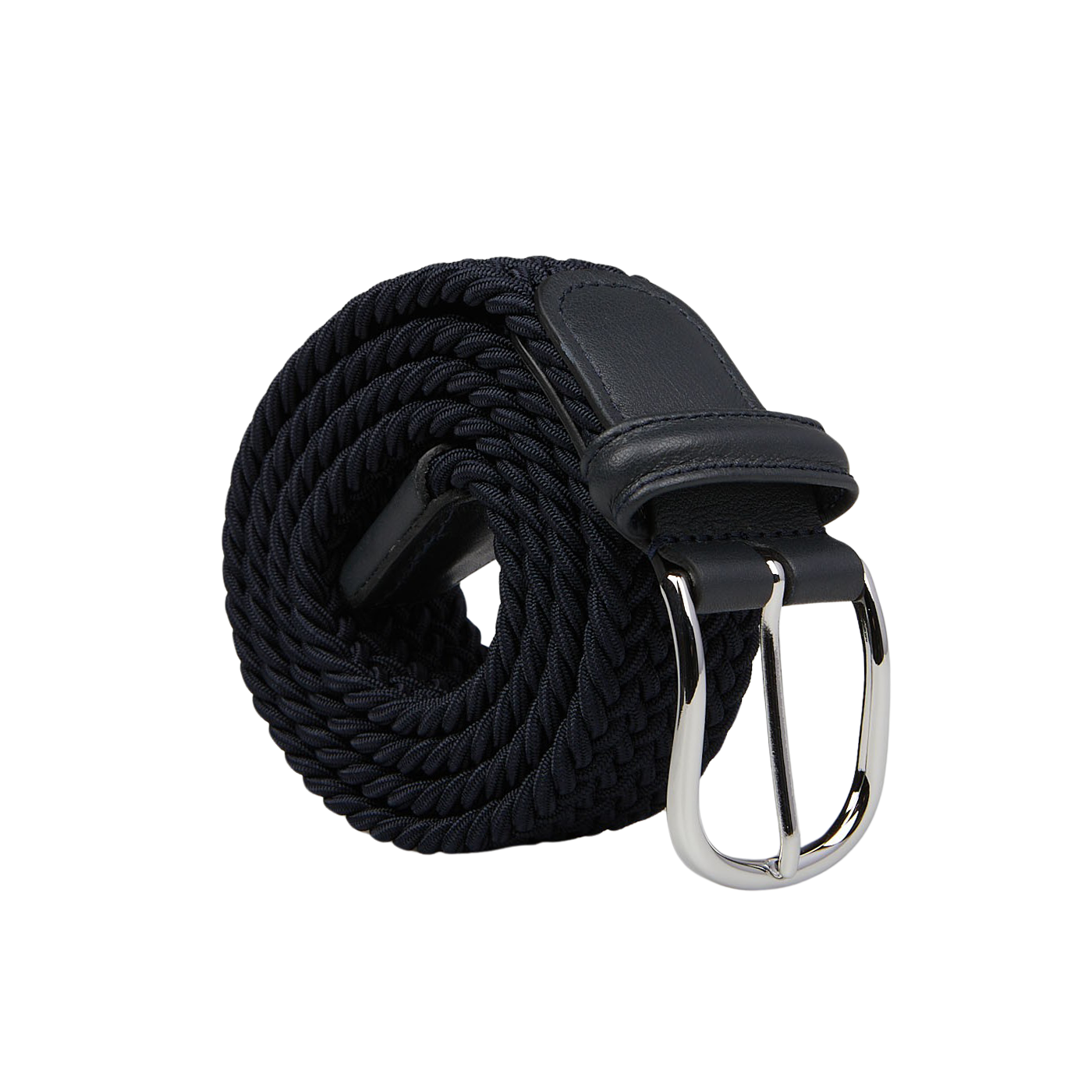 A coiled navy blue woven fabric belt with a silver-coloured brass buckle placed on a light gray background, handmade in Italy. The **Navy Blue Elastic Woven 30mm Belt** by **Anderson's** offers both style and quality craftsmanship.