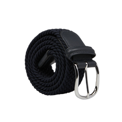 A coiled navy blue woven fabric belt with a silver-coloured brass buckle placed on a light gray background, handmade in Italy. The **Navy Blue Elastic Woven 30mm Belt** by **Anderson's** offers both style and quality craftsmanship.