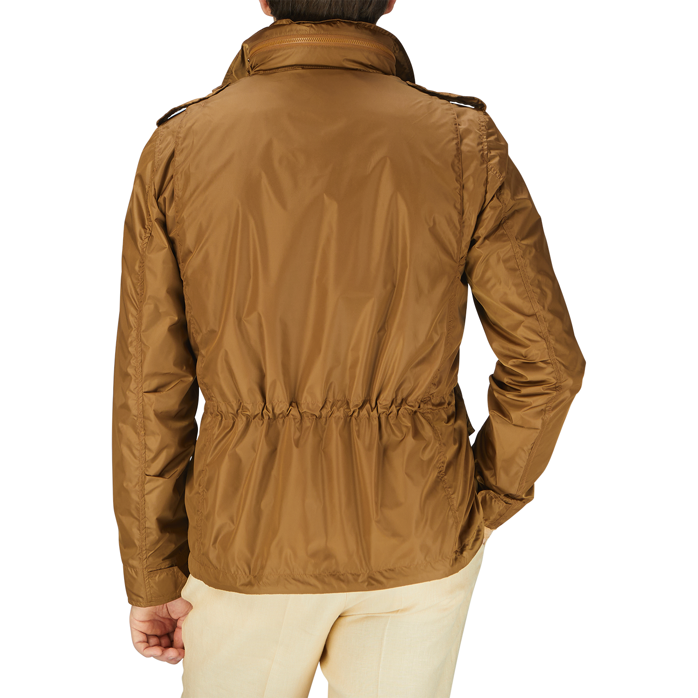 The man is wearing an Amber Brown Recycled Nylon Field Jacket made by Aspesi.
