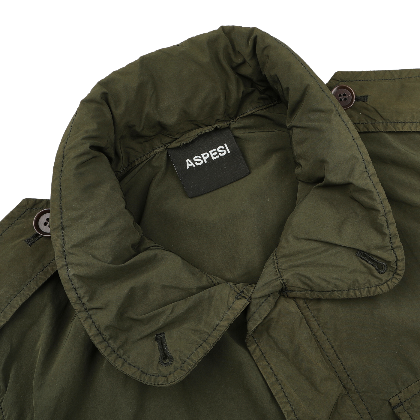 Aspesi's Army Green Luxury Nylon Field Jacket features a wide collar and button details, crafted with sleek nylon taffeta.